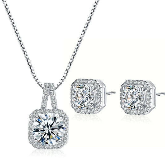 925 Sterling Silver Square Crystal Necklace Earrings Bridal Jewelry Set For Women Girls Fashion Jewelry Wholesale
